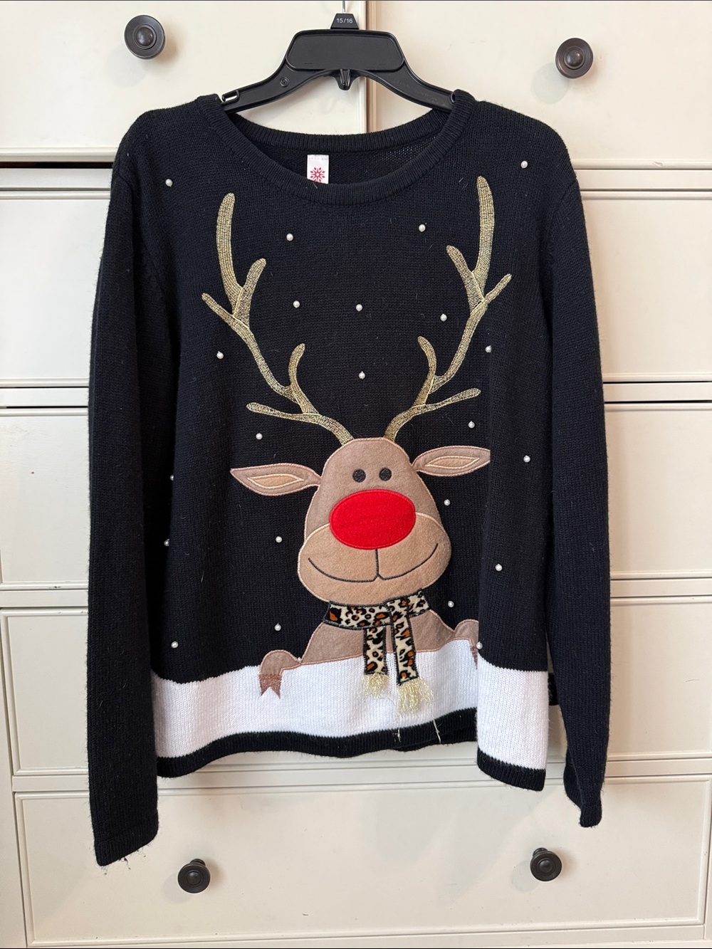 Black Crewneck Christmas Sweater with Gold Antlers and Red Nose Reindeer